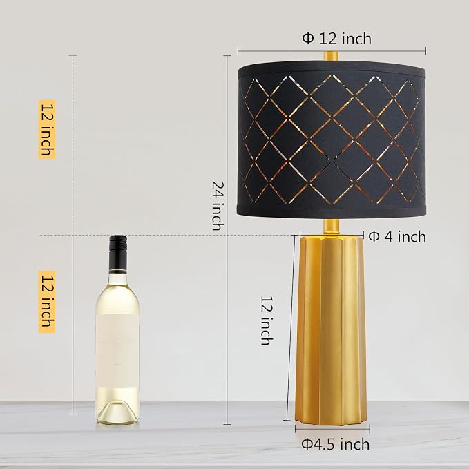 Set of 2 Modern Table Lamps for Living Room Bedroom, Gold Nightstand Resin Lamps with Black Grid Shade, Contemporary Desk Lamps for Bedside End Tables, 2 Bulbs Included (Gold) | Nightstand Resin Lamps with Black Grid Shade, Contemporary Desk Lamps for ...