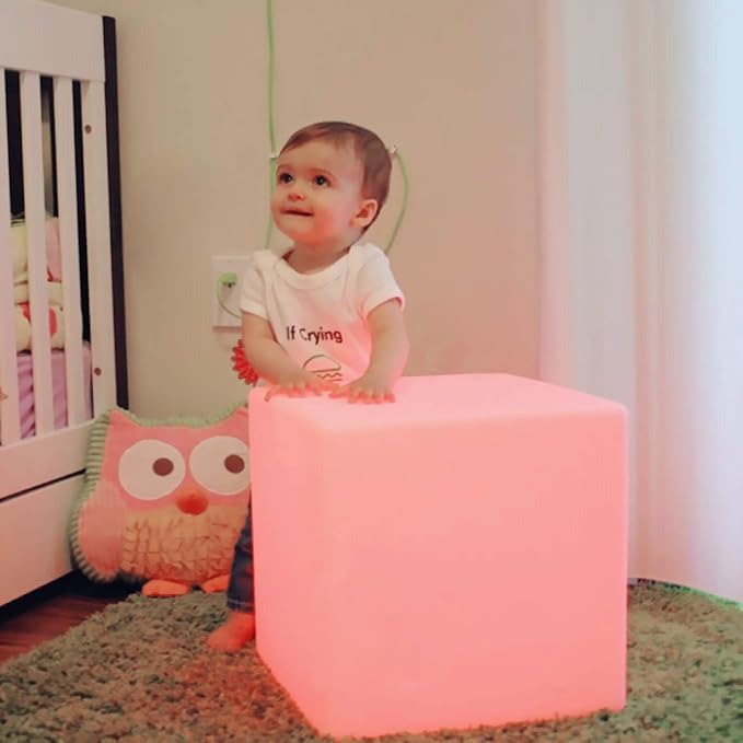 Mr.Go 12-Inch LED Light Cube Stool, RGB Glowing Mood Night Light w/Remote | 16 RGB Color Changing, Multi-use Cube Seat & Side Table, IP65 Waterproof, 8-48H Runtime, for Bedroom Living Room Party Decor