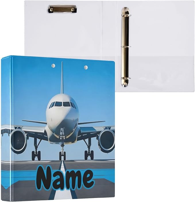 Custom 3 Ring Binder White Airplane Aircraft 1.5" Round Ring Binders Personalized Name View Binder with 200 Sheet for Kids School Supplies Women Men Office, 1 Pack