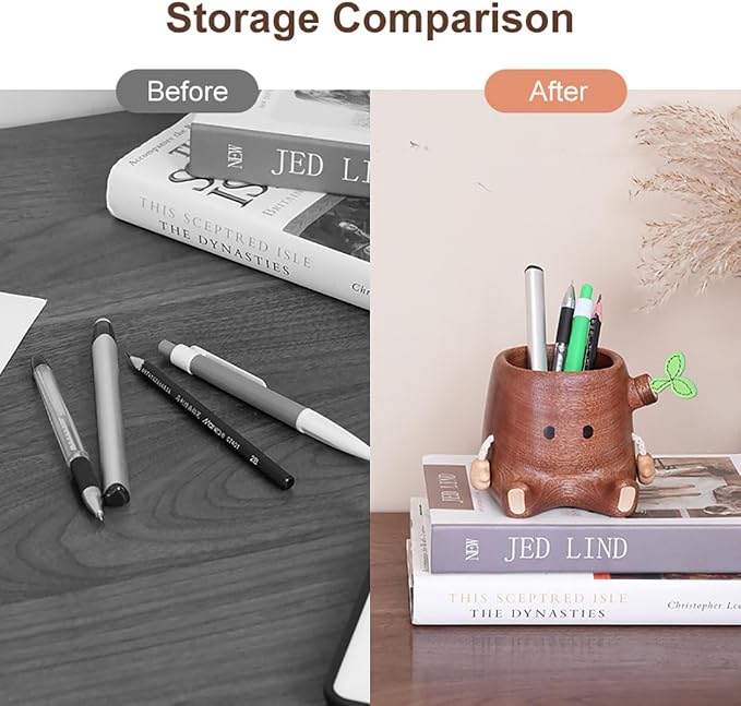 Stump Pen Holder – Cute Wooden Desk Organizer, Fairy Tale Tree Stump Pencil Cup for Stationery, Makeup Brushes, Dried Flowers, Solid Wood Desktop Decor Gift