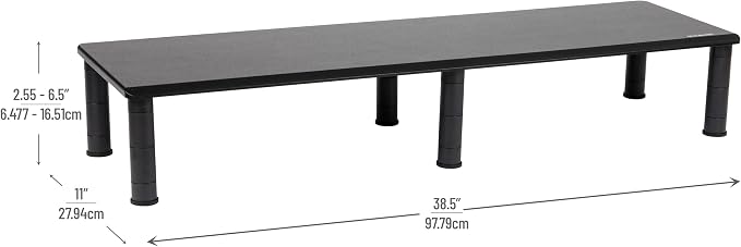 Mind Reader Dual Monitor Stand, Height Adjustable, Desktop Organizer, Laptop Riser, Office, 38.5"L x 11"W x 2.55-6.5"H, Black