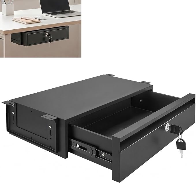 16in Under Desk Drawer with Lock Pull Out Storage Organizer | Carbon steel under desk drawer with lock,smooth slide rails, adjustable mounting height, supports up to 33 lb