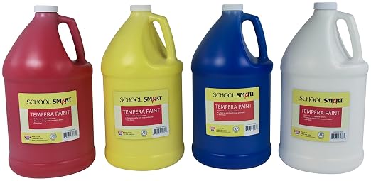 School Smart Tempera Paints for School and Arts and Crafts Use, One Gallon Each, Assorted Primary Colors, Set of 4