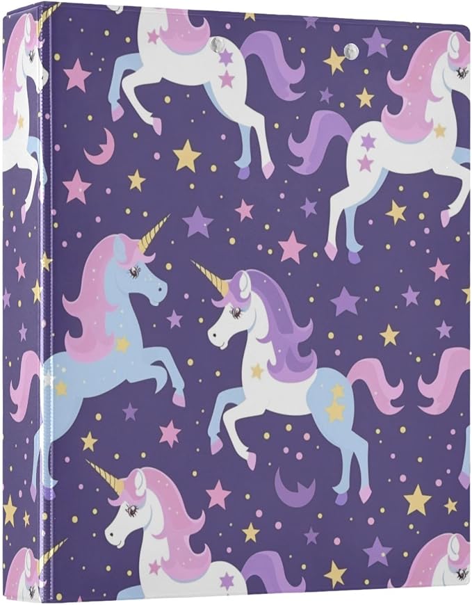 Purple Unicorns 3 Round Ring Binders | 1.5 Inch Binder with Clipboard, PVC Pockets, Work Organizer, Holds 200 Sheets for School Office 1 Pack