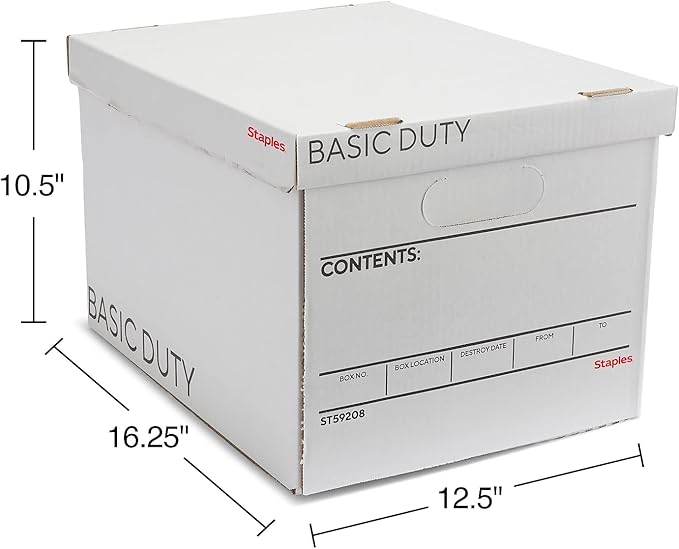 STAPLES Corrugated File Box, Lift-Off Lid, Letter/Legal, White/Black, 10/Pk | Stackable storage boxes for document organization in offices, archives, and storage rooms.