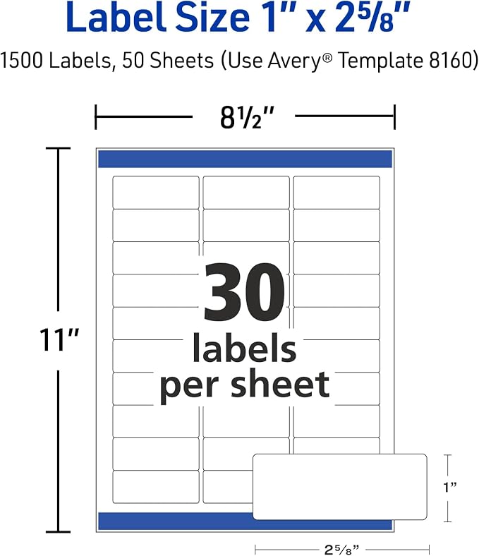 Avery® Easy Peel® Printable Address Labels, Sure Feed® Technology, 1" x 2-5/8" Customizable Stickers, White, 1,500 Blank Mailing Labels, Great for Mailing, Shipping, and More (2-Pack of 08160)