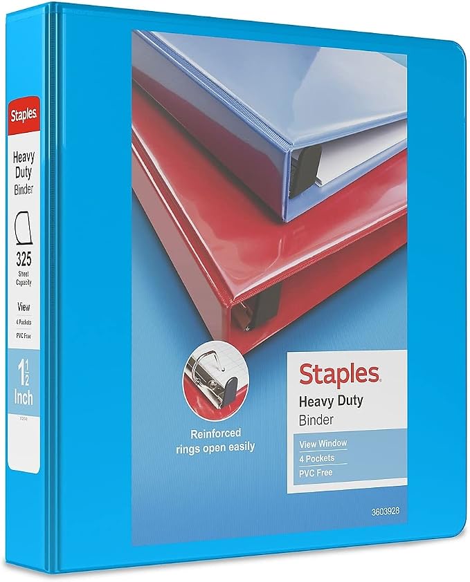 Staples Heavy Duty 1.5‑Inch 3‑Ring View Binder, Light Blue, Durable D‑Rings, Four Interior Pockets, Clear Overlay for Custom Covers, 3‑Pack