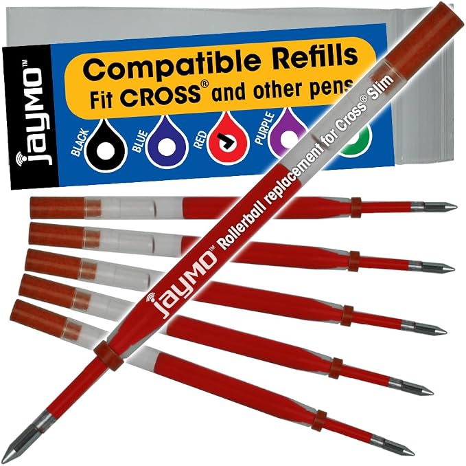 Replacement for Cross Slim 8910 - Gel Rolling Ball Pen Refill - 6 Red