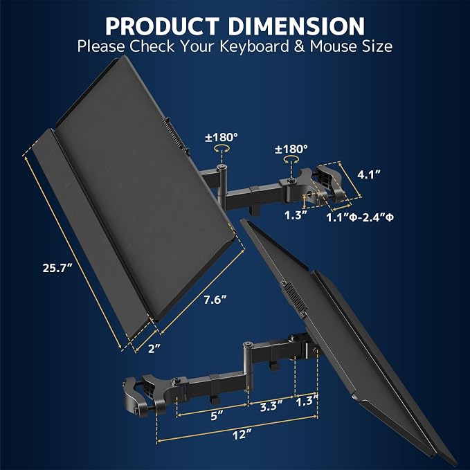 Pole Mount Keyboard Tray - Universal 26 Inch Platform for Keyboard and Mouse, Fits 1.1”–2.4” Poles, Rotation & Tilt Ergonomic Steel Mount Platform with Cable Management, Black