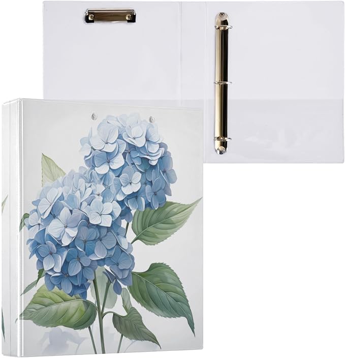 3 Ring Binder Blue Hydrangeas Flower 1.5" Round Ring Binders View Binder with 200 Sheet for Women Men Office Kids School Supplies, 1 Pack