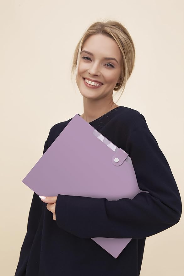 SKYDUE File Folder with Labels, Accordion File Organizer with 8 Pockets, Portable Document Organizer, A4 Letter Size, Paper Organizer for Office, Purple
