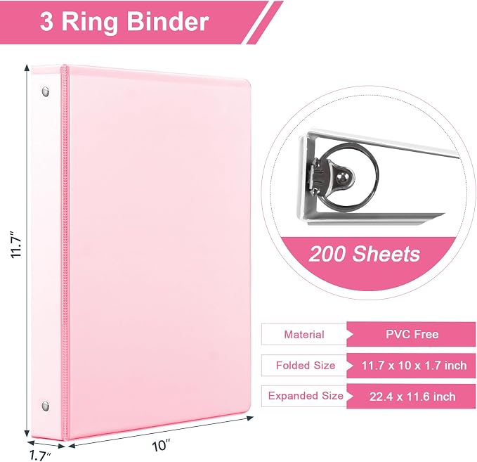 SUIN 1-inch 3 Ring Binder with 2 Interior Pockets, 1''Durable Binders Holds US Letter Size 8.5'' x 11'' Paper - Versatile Binders for Office, Home, and School Use, 6 Pack Pastel Pink