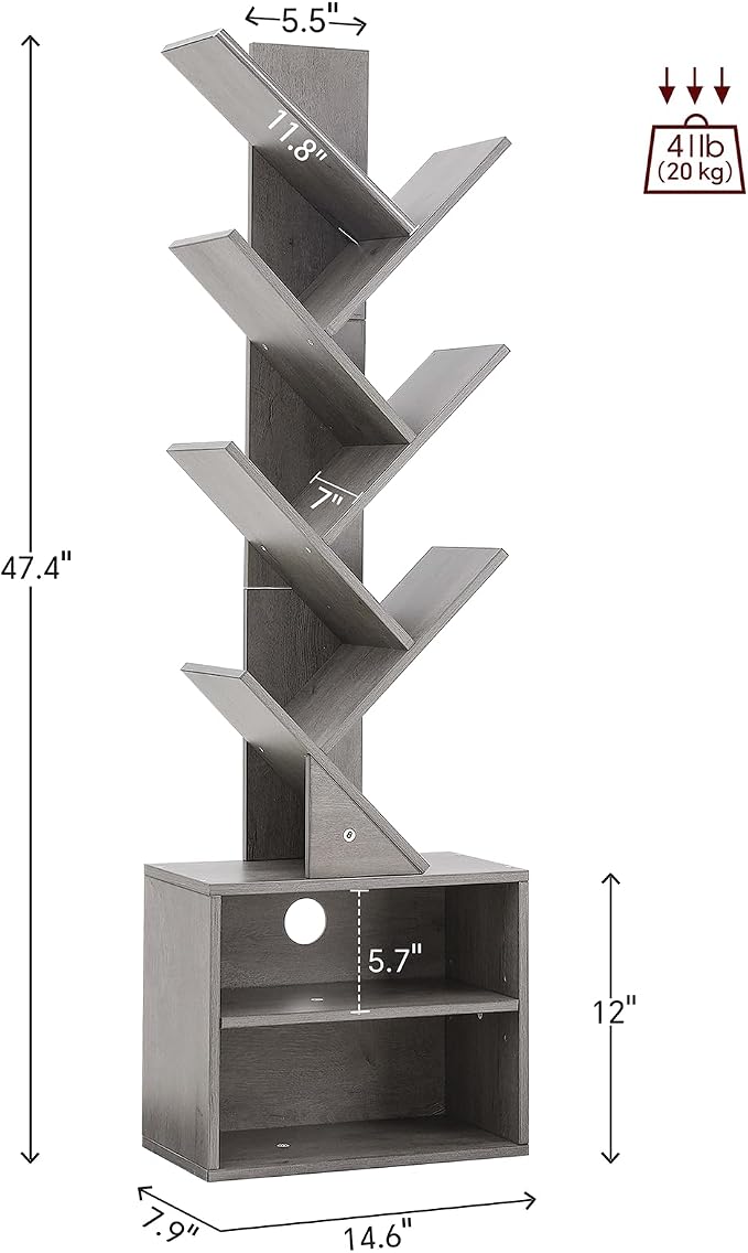 SUNMORY 6 Tier Tree Bookshelf, Tall Small Bookcase with Storage Cabinet | Modern Narrow Bookshelves Organizer, Floor Standing Book Case Shelf for Bedroom Living Room Home Office Corner, Grey