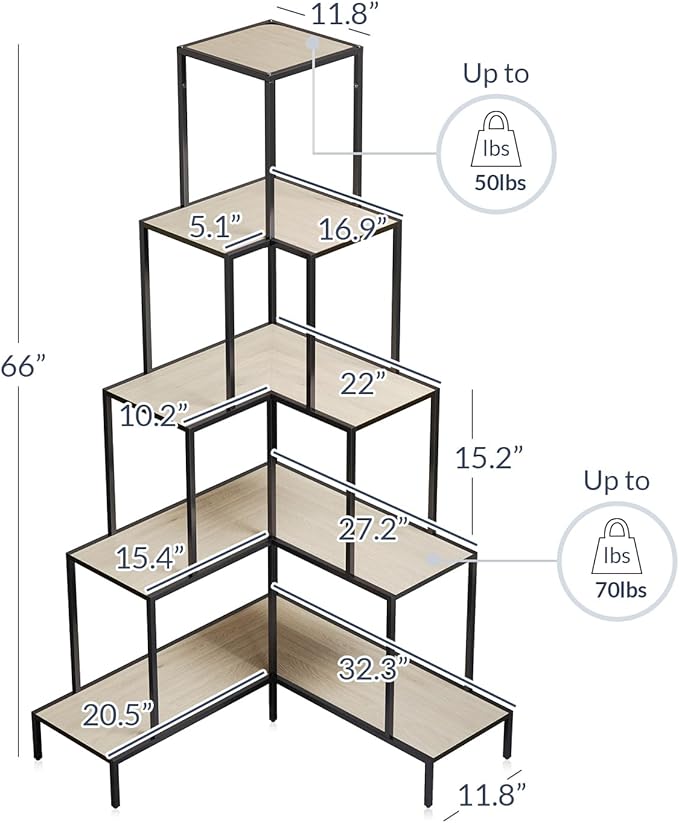 BELLEZE 5-Tier Corner Bookshelf with RGB Light, Remote Control Multiple Lighting Modes and Colors, 66" Tall L-Shaped Bookcase, Storage & Display Rack for Living Room, Courtyard and Home Office -Nature