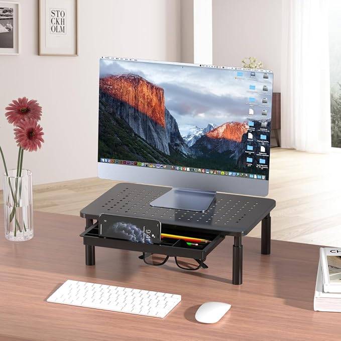 suptek Computer Monitor Stand Riser with Drawer,Monitor Riser for Laptop, Printer, Notebook and All Flat Screen TV Display with Vented Platform,3 Height Adjustable Laptop Riser,1 Pack,Black
