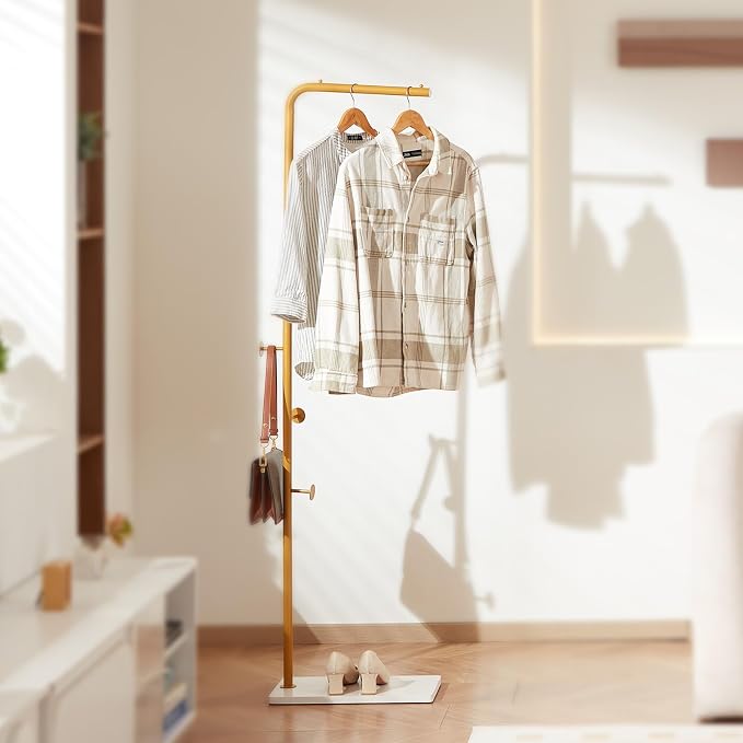 VEVOR Coat Rack, Freestanding Coats Rack Stand with Quartz Stone Base & 3 Round Hooks, Free Standing Hall Coat Tree for Entryway, Bedroom, Living Room, Stylish Clothes Hanger Stand for Coats, Hat, Bag