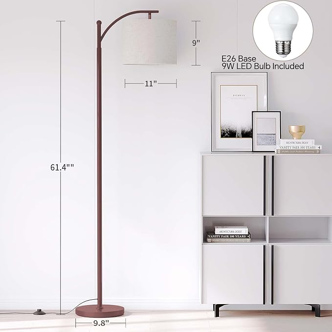 SUNMORY Arc Floor Lamp, Modern Floor Lamp with 9W 3 Color Temperatures Bulb | Metal Standing Lamps with Adjustable Hanging Lampshade, Tall Floor Lamps for Living Room, Bedroom, Office, Brown