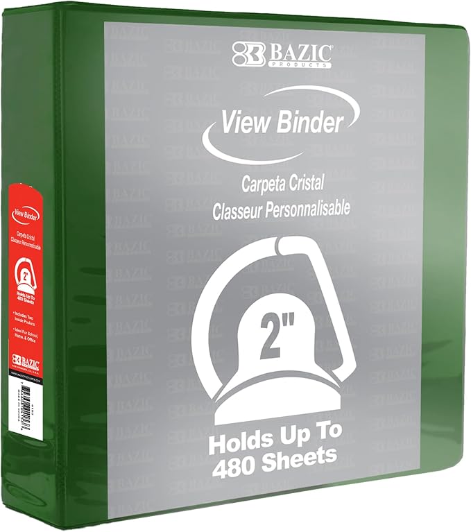 BAZIC Products 2" Green 3-Ring View Binder, Slant-D Ring, 2 Pockets | 2 inside pockets, 2 in Green view 3-ring binder, slant-D rings, holds up to 480 sheets, Durable poly cover, 2 Pockets