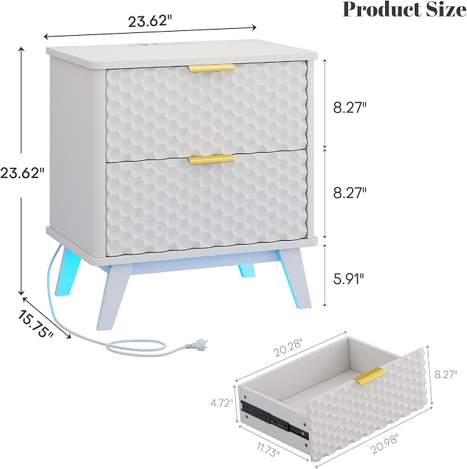 Smart Nightstand with Charging Station and LED Lights | 23.62" Wide Night Stand with 2 Drawers, Motion Sensor Motion-Activated Underlight, Honeycomb Bedside Table for Bedroom, White