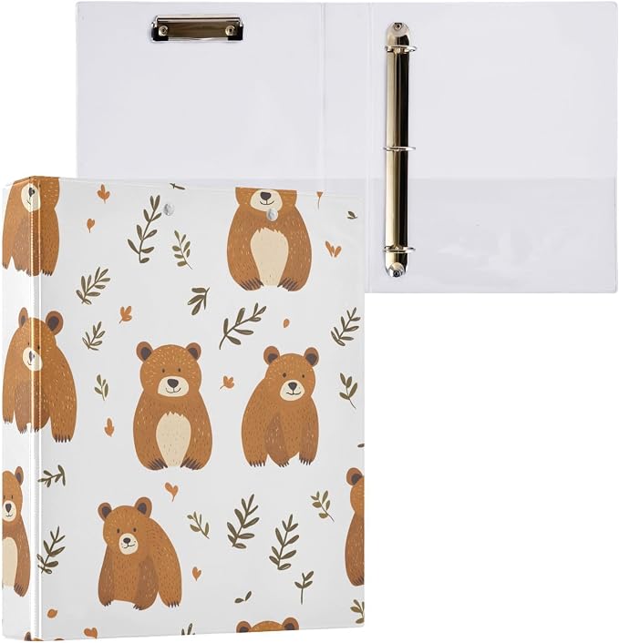 3 Ring Binder Bear Leaf B 1.5 inch Binders Three Ring Binders with Clipboard Fit 8.5'' x 11'' Paper 3 Interior PVC Clear Pockets for Office Supplies