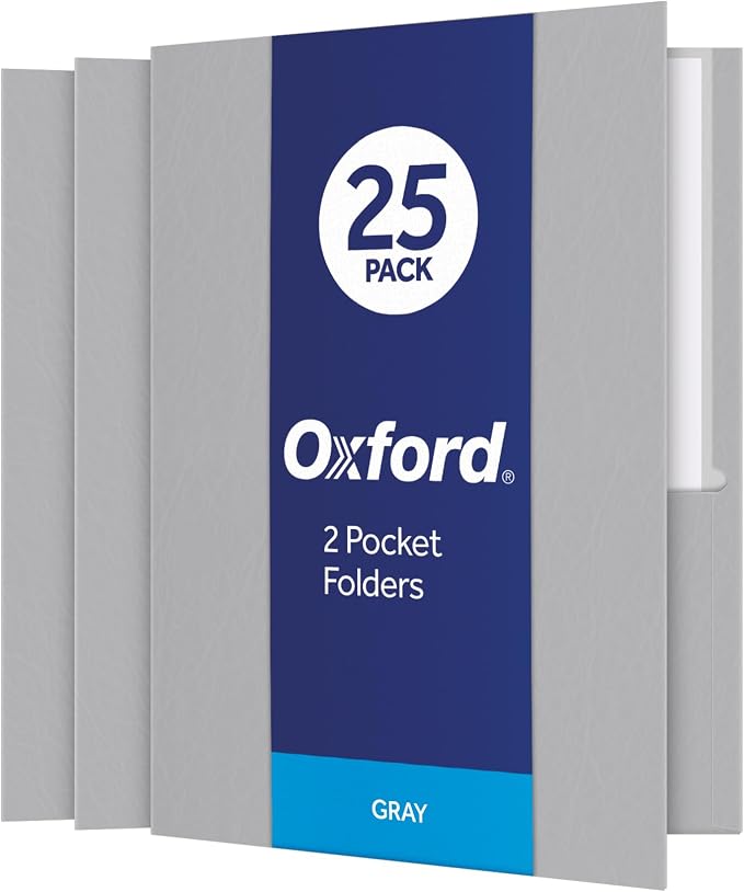 Oxford Twin-Pocket Folders, Textured Paper, Letter Size, Gray, Holds 100 Sheets, Box of 25 (57505EE)