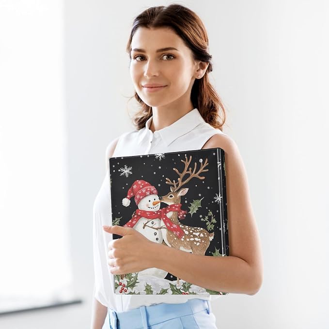 Cute Winter Snowman Deer Red Bird 3 Ring Binder 1.5" Decorative D-Ring Binder with Clipboard&3 Clear Pockets, Holds 200 Sheets A4 Size Paper Waterproof Binders for School Home Office|2 Pack