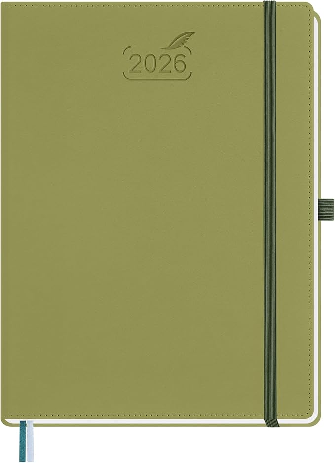 BEZEND 2026 Planner Weekly and Monthly (8.5" x 11") Daily Calendar with Hourly Timeslots & Tab (Jan-Dec) Note & Expenses, Pen Holder, Inner Pocket, Vegan Leather Hardcover - Kiwi