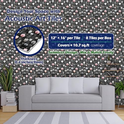 PINWELIFE® Acoustic Art Tiles – 8-Pack 12"x16" Sound Absorbing Panels, Seamless Wallpaper-Style Decorative Acoustic Wall Art, Echo Reduction for Home Studio/Office, Nano Tape Included