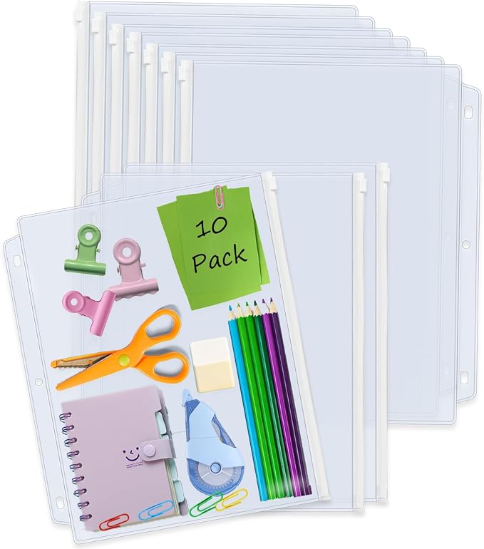 Binditek 10 Pack Zippered Binder Pockets, 3-Hole, Clear, White Zippers | Plastic Binder Pouches, Fits 3 Ring Binders, Waterproof PVC, Zipper Closure, Document Filing and Storage