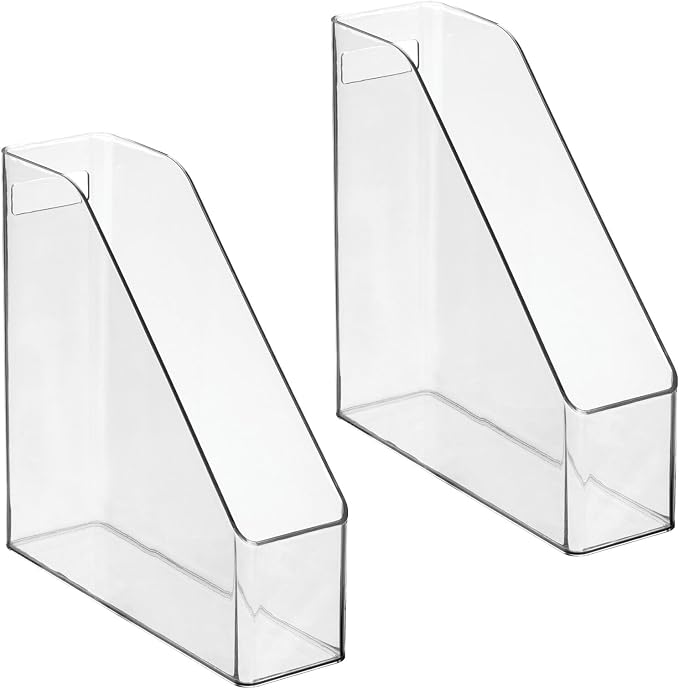 mDesign Plastic Slim Vertical File Folder Storage Organizer Bin with Handle - Hold Notebooks, Binders, Envelopes, Magazines for Home Office, Work Desktops, Ligne Collection, 2 Pack, Clear