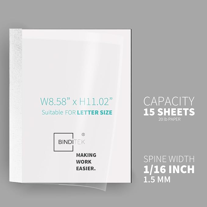 Binditek Thermal Binding Presentation Covers, 1/16 Inch Spine,White,10 Pack | Thermal Binding Covers, 15 Sheets Capacity, Ultra Clear Front, White Paper Back Cover, Letter Size, for Students & Coworkers