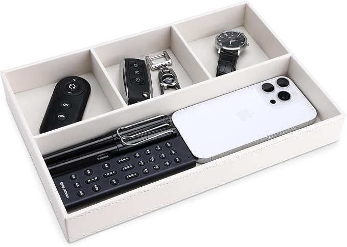 PU Leather Desk Drawer Organizer, 4 Compartment Office Supplies Stationery Storage Tray, Desk Organizers and Accessories Drawer Organizer Tray for Home, Makeup, Jewelry Stackable White