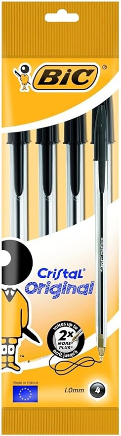BIC Cristal Ballpoint Pen - Black - Pack of 4 Comfortable and Super-Durable Ballpoint Pens Medium Point (1.0 mm)