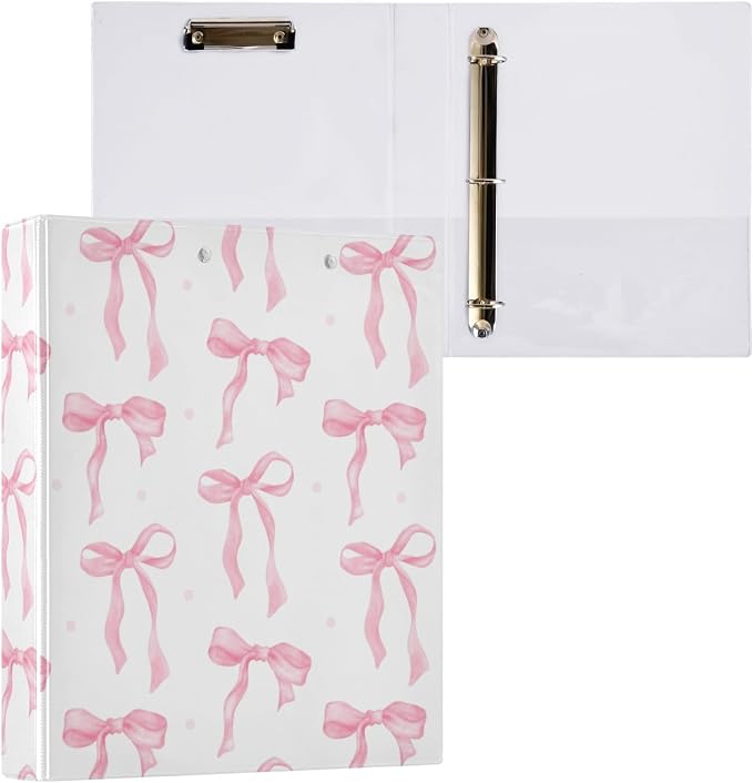 Bowknot Riband Pink Bow Dots Preppy Cute Binder 3 Ring 1.5 Inch Binder with Clipboard&Pockets, Hardcover Binders Heavy Duty Large File Folder for Office School Supplies - Holds 200 Sheets