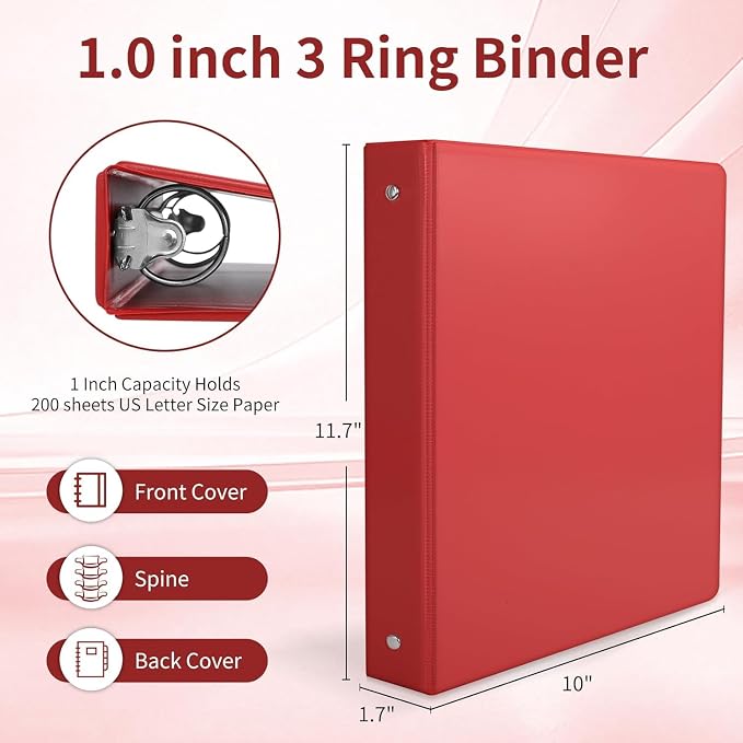 SUQJOY 1-inch 3 Ring Binde with 2 Inside Pockets, 1" Clear View Binder Holds US Letter Size 8.5'' x 11" Paper, 1“ Round Ring Binder for Office/Home/School Supply, 6 Pack (6 Colors Assorted)