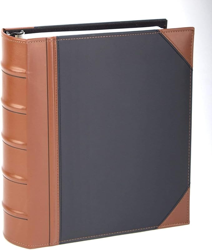 Executive Binder, English Leather 2 Tone with Stitching and Ribbed Spine, Heavy Duty 1.1/2 Inch 3 D-ring with Buster, Holds 350 8.5x 11 Sheets (Black)