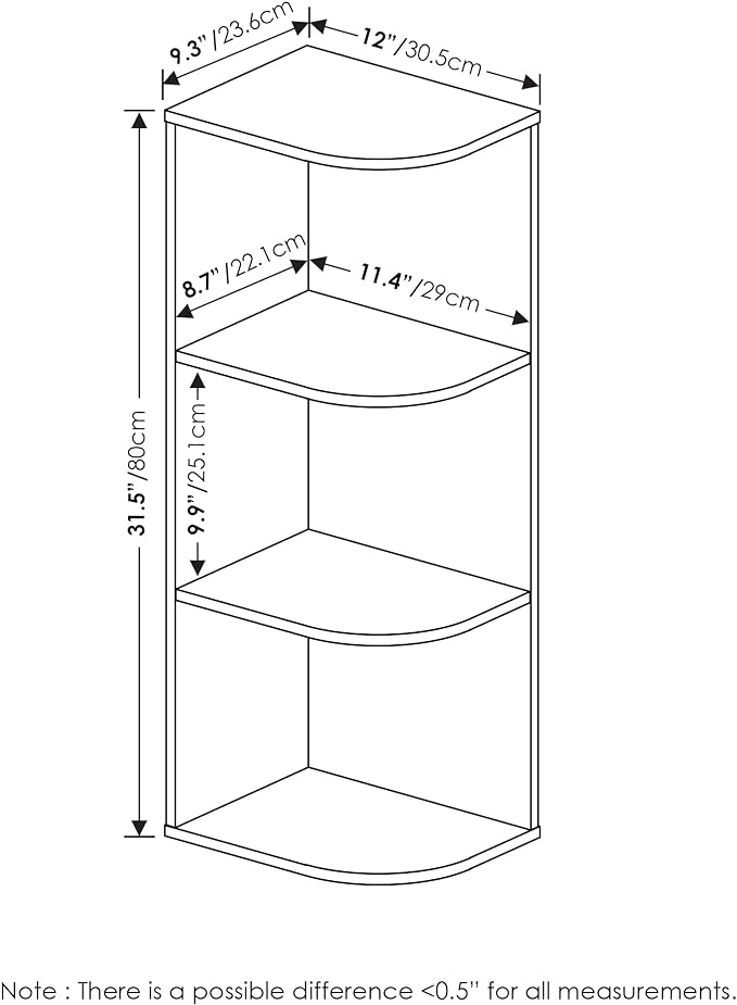 Furinno PASIR Book Shelf, 3-Tier Corner Bookshelf with Open Shelf, Standing Bookcase, 9.3 x 12 x 31.5 for Organization and Storage, for Living Room, Bedroom, Home Office, French Oak