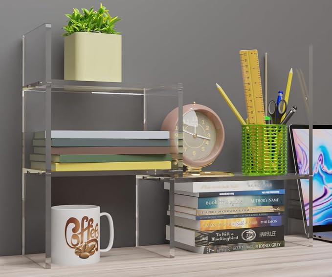 Adjustable Acrylic Desk Shelf for Top of Desk: Clear Desktop Shelf, Premium Desktop Bookshelf Organizer, Office Table Book Shelves