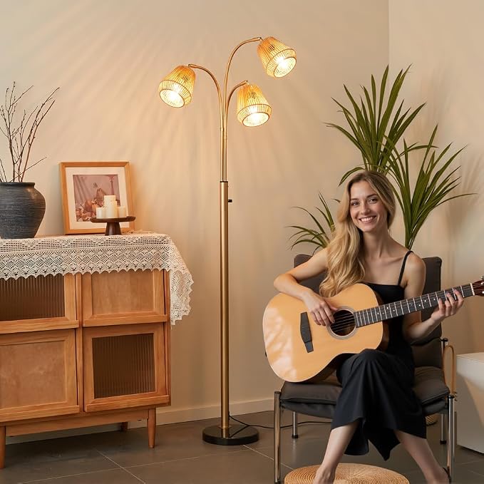 Gold Rattan Floor Lamp for Living Room, 72'' 3-Light Boho Lamp | Heavy Natural Marble Base, 1/2/3-Light Rotary Switch, Wicker Shades for Reading Corners Bedrooms