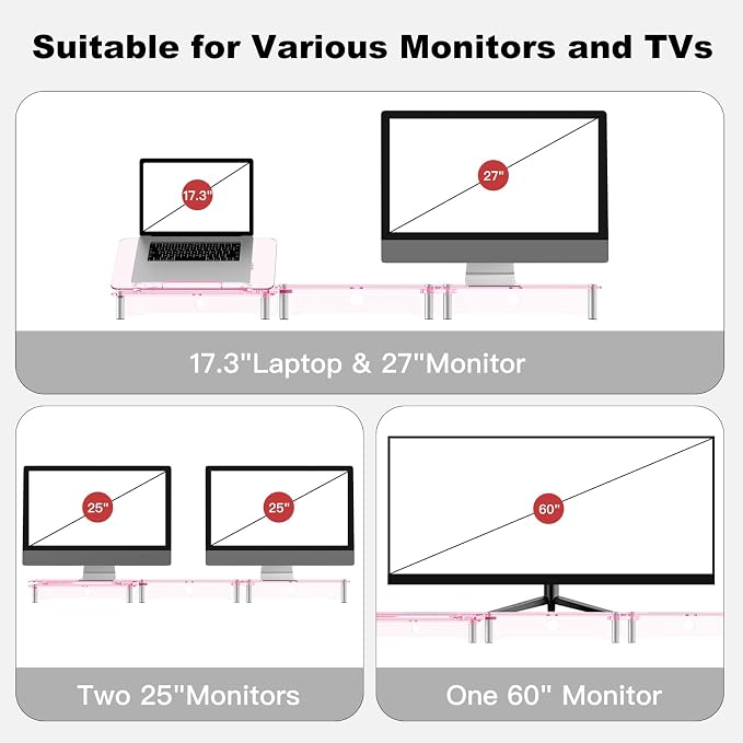 Pink Acrylic Dual Monitor Stand Riser,Laptop Riser Adjustable to 8 Angles | Double Computer monitor riser for desk for 2 Monitors,Desktop organizer Stand for Laptop,PC,Printer,TV，Cute Desk Accessories
