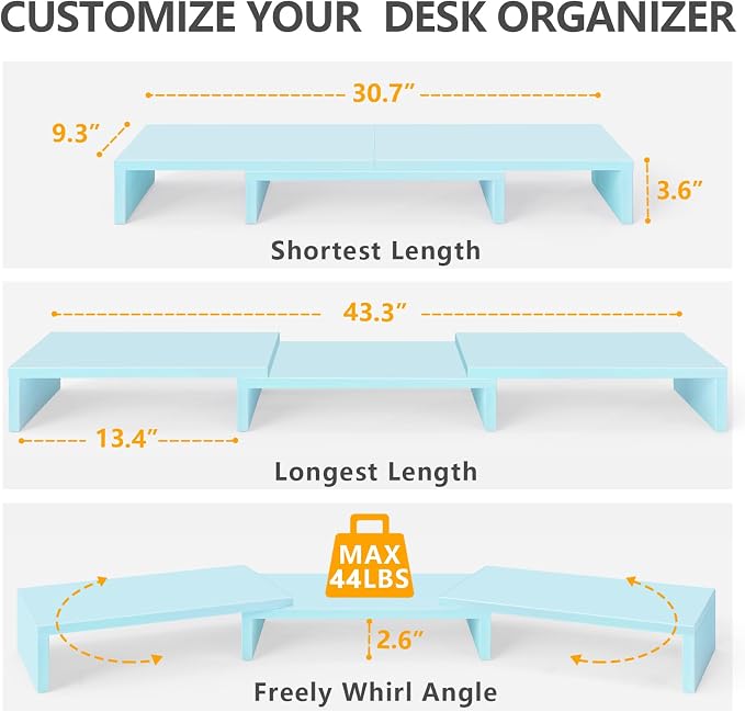 TAVR Dual Monitor Stand Riser, Wooden Computer Monitor Stand for 2 Monitors | Extra Long Multifunctional Desktop Organizer Riser for TV, PC Monitor, Laptop, Printer, Max 43.3" Length, Blue