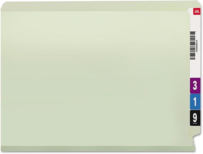 Smead End Tab Pressboard Fastener File Folder with SafeSHIELD Fasteners, 2 Fasteners, 3" Expansion, Letter Size, Gray/Green, 25 per Box (34725)