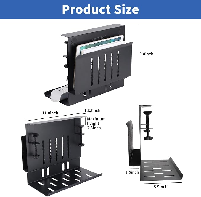 LUKETURE Desk Side Storage, Under Desk Laptop Mount with Cable Tray | 2-in-1 Steel laptop mount clamps to desk side, no drilling. Built-in cable tray hides cords. Holds 30 lbs, Office and Home