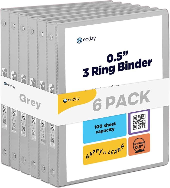 Enday 1/2 inch Binder 3 Ring Binder (6 Pack - Grey) O-Ring Binder with Clear View Cover and 2 Inside Pocket - for Letter Size 8.5 x 11'' Paper, Ideal for School Supplies, Office, and Home