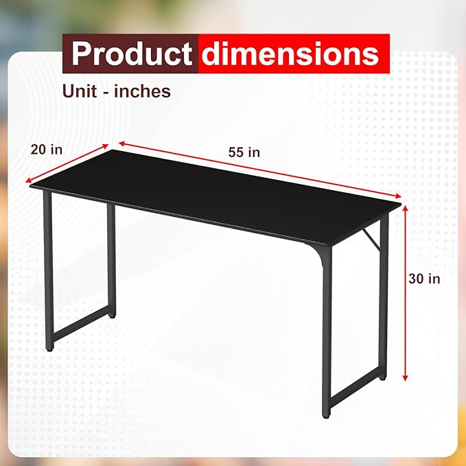 PayLessHere | 55 Inch Computer Desk | Black | Office Desk with Metal Frame, Adjustable Feet | Water-Resistant, Scratchproof Surface | Sturdy Writing Table for Home Office or Study | Pack of 1
