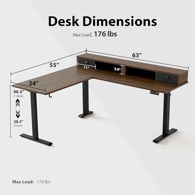 Agilestic 63 Inch L Shaped Electric Standing Desk with Drawer, Dark Walnut | 2 Stroage Drawers, Monitor Shelf, Corner Desk, Ample Workspace, Memory Presets, Hooks, Stable Steel Frame,176 lbs