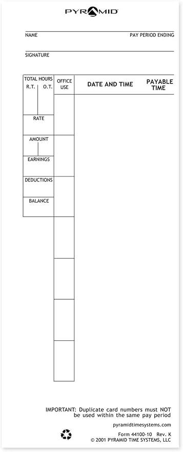 Pyramid Time Systems 44100-10FMB 1,000 Count French Time Cards