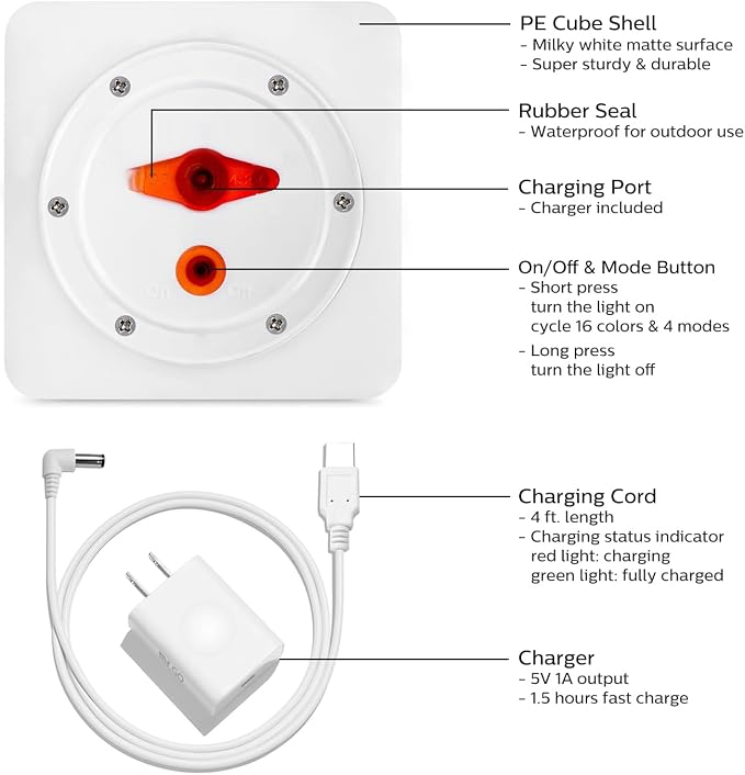 Mr.Go 4-inch LED Cube Light, Dimmable Kids Night Light Mood Lamp w/Remote | 16 RGB Colors,4 Lighting Effects,8-Level Dimming,Rechargeable 1000mAh Battery,Waterproof for Desk Bedroom Nursery Party Decor