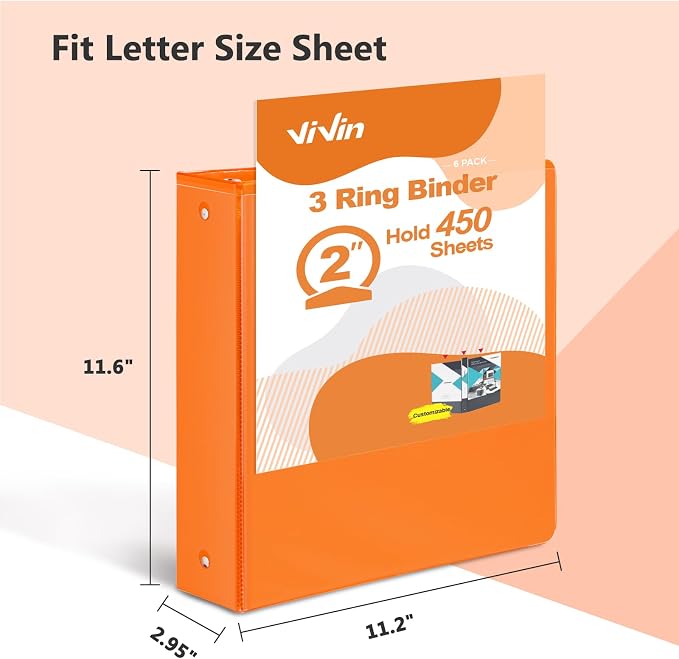 ViVin 2 Inch Round Ring View Binder for Durability, 6-Pack (Orange) | Standard 3 Ring Binder for 450 Sheets of US Letter Size Paper, PVC-Free, Clear Front Pocket, Office Home School Use
