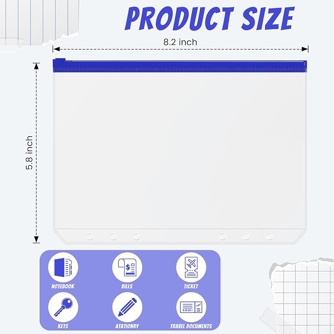 Zonon 30 Pcs A5 6 Rings Blue Zipper Binder Pouches Clear Binder Pockets with Zipper Folders Waterproof PVC Loose Leaf Bags Filling Bags for Pen Pencil Notebooks File Document